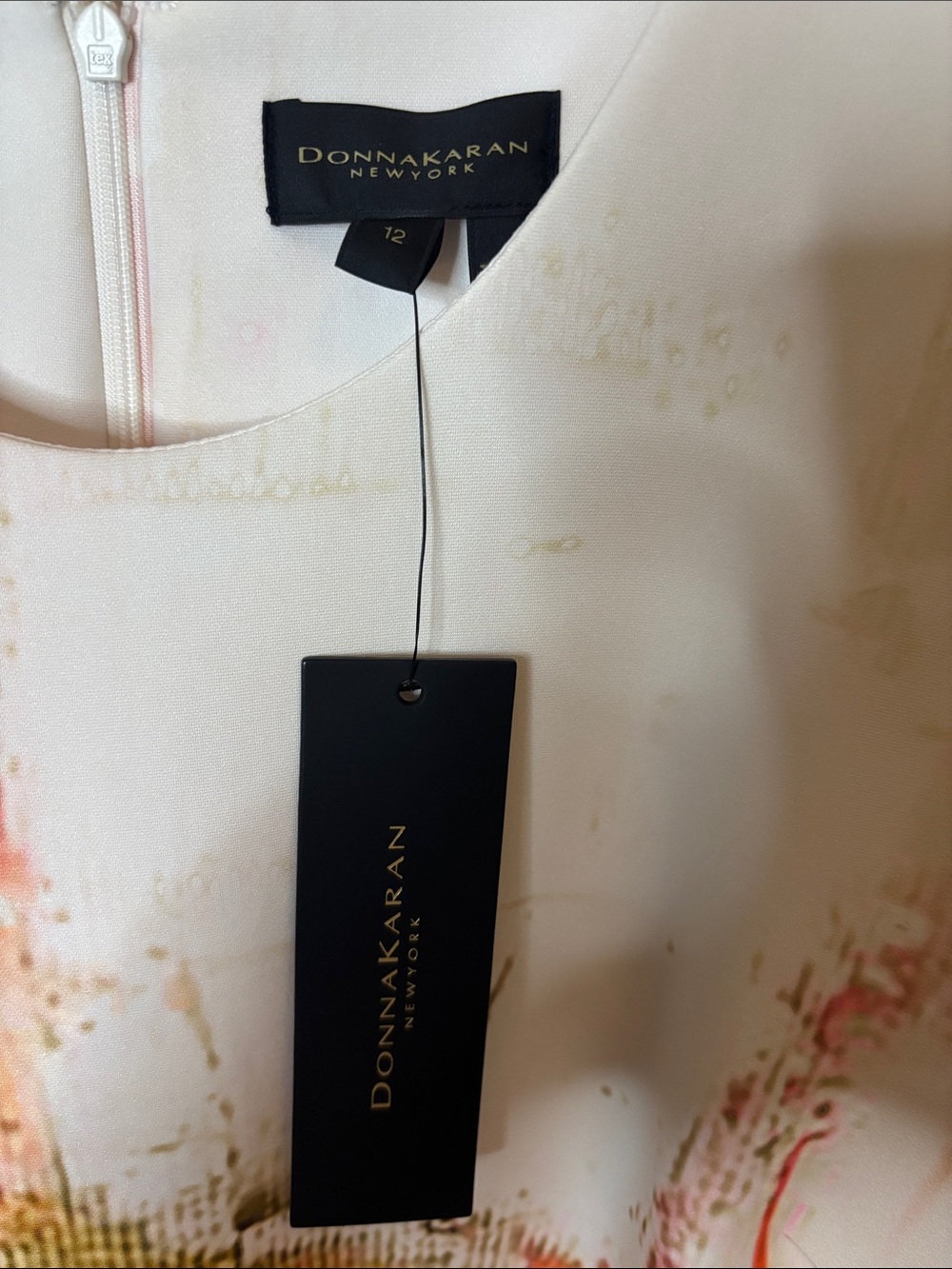Donna Karan White Sheath Dress with Coral & Gold Brushstroke Print - Picture 3 of 7